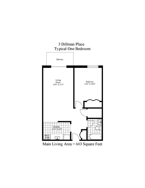 Floor plan for 1 bed, 1 bath, 603 sqft